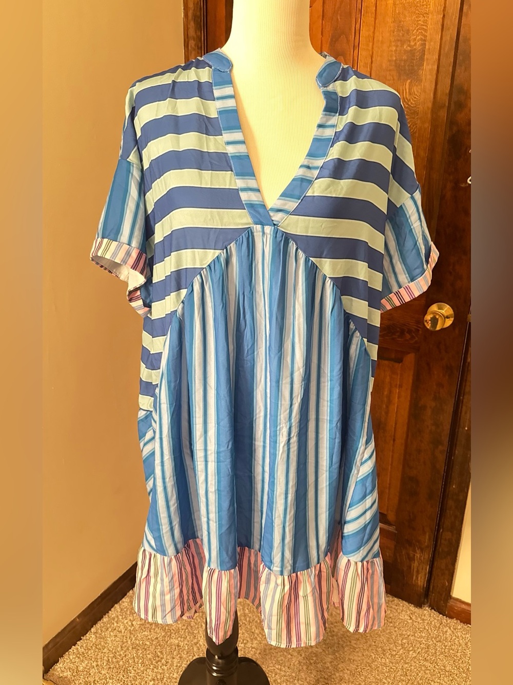 Striped Blue V-Neck Mini Dress